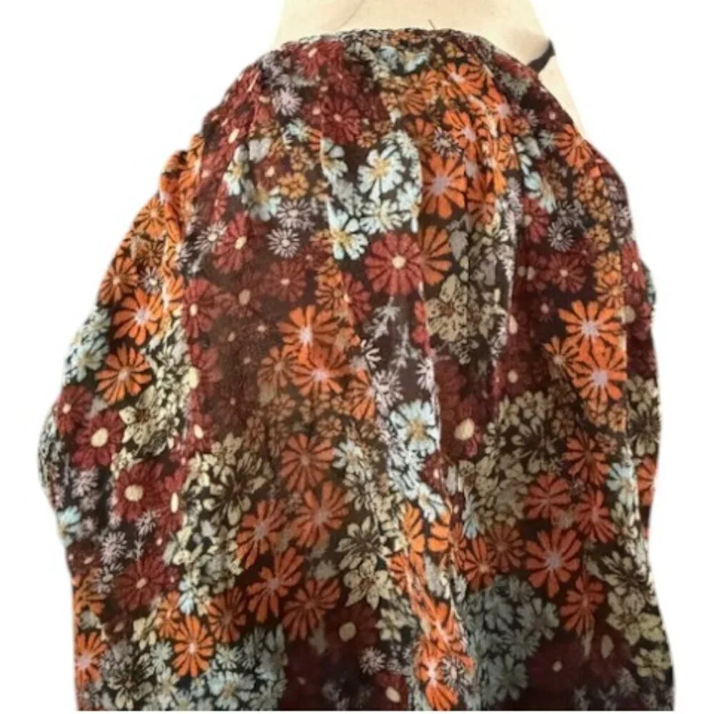 Free People Square Neck Smocked Puff Sleeve Floral Crop Top In Dark Combo Lr NWT